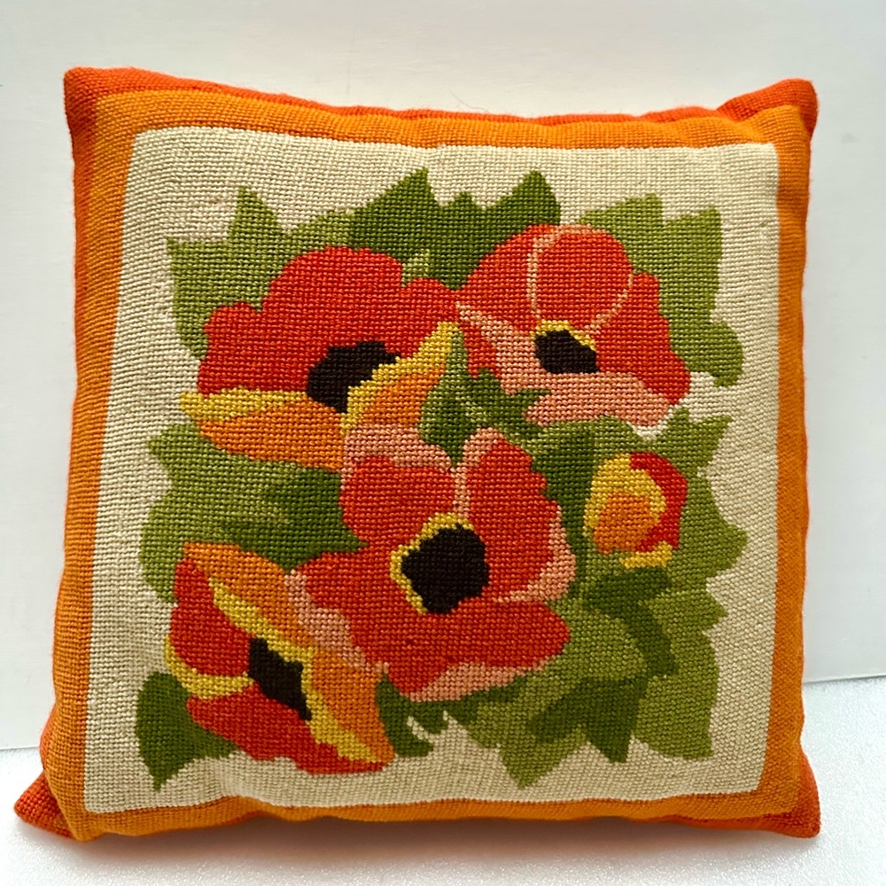 Vintage Needlepoint Tapestry Flower Design Throw Pillow  14” x 14”